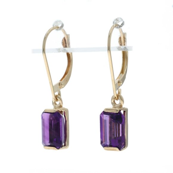 Yellow Gold Amethyst Dangle Earrings - 14k Emerald 3.20ctw Pierced - Picture 2 of 5